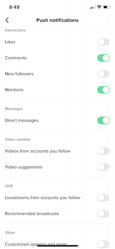 Updated TikTok notification settings screen